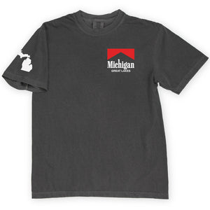 A dark charcoal gray t-shirt featuring a red and white 'Michigan Great Lakes' logo on the left chest and a white silhouette of the state of Michigan on the right sleeve, displayed against a plain white background.