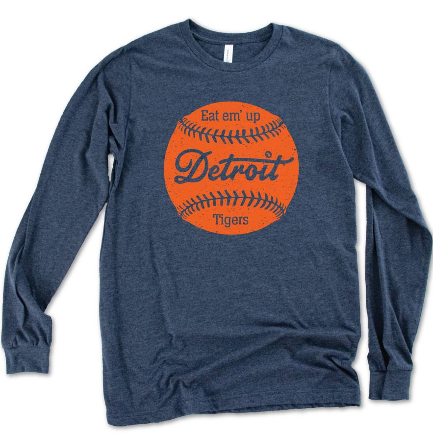 Eat Em' Up Detroit Tigers Long Sleeve Tee at Michigan Vibes Store. XS / Heather Navy